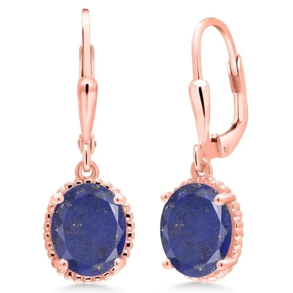18K Rose Gold 925 with 4.00 Cttw Lapis Lazuli Oval Leverback Hook Earrings